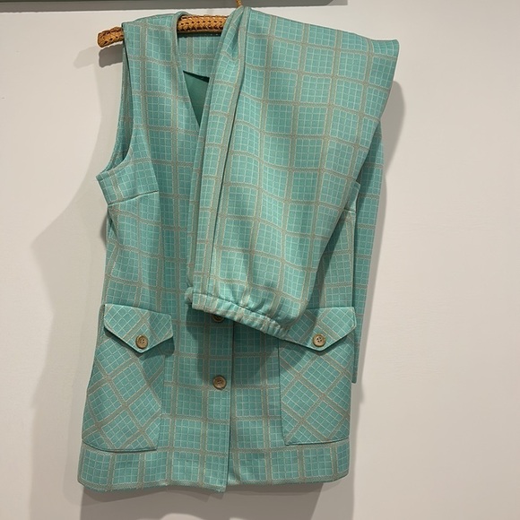 Cos Cob Vintage 1970s plaid SEAFOAM green vest & pant set women’s large - Picture 9 of 9